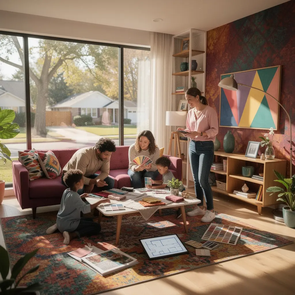 Jasny korytarz z przestronnymi schodami i dekoracyjnymi elementami.