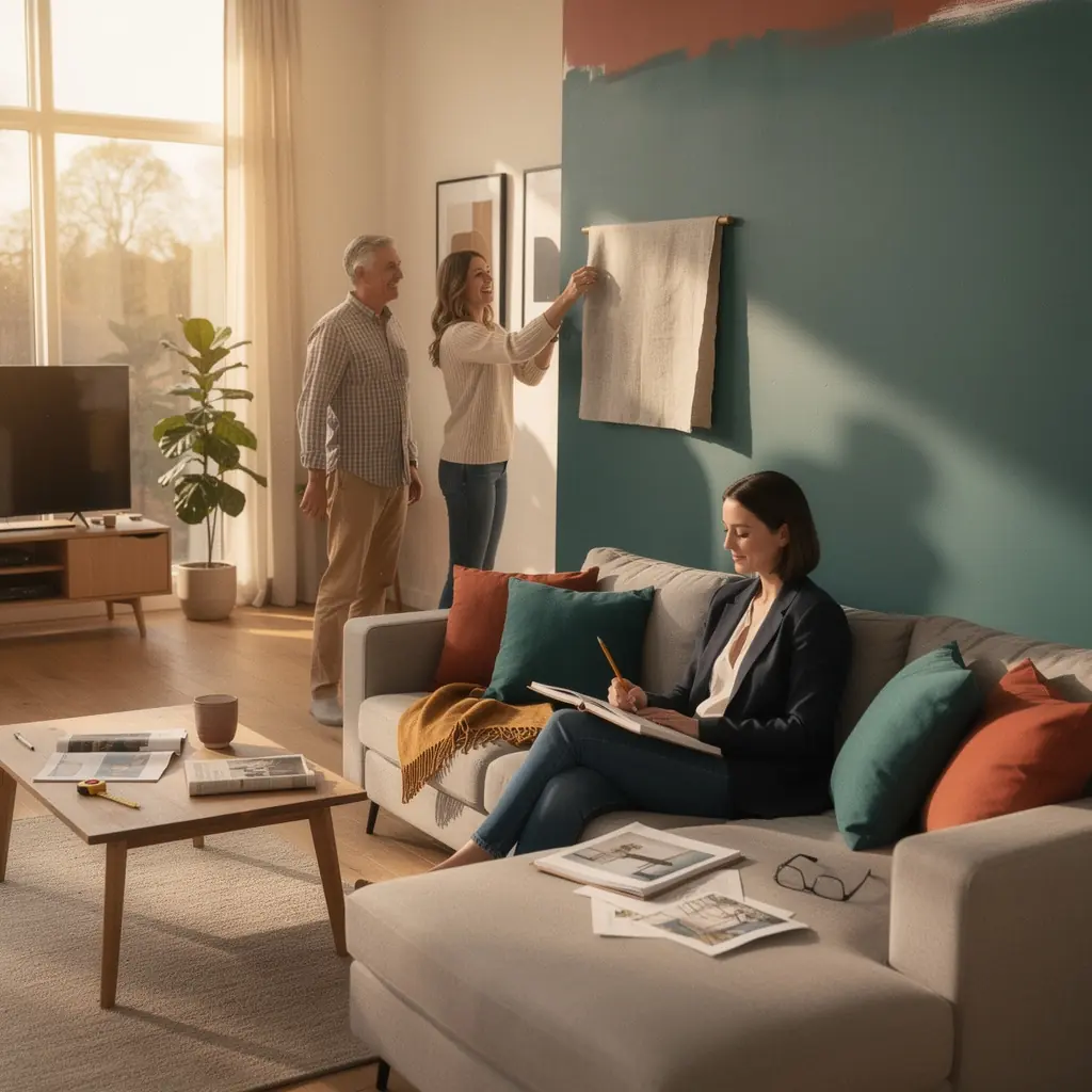 Elegancka łazienka z nowoczesnymi urządzeniami, dużym lustrem i naturalnymi materiałami.